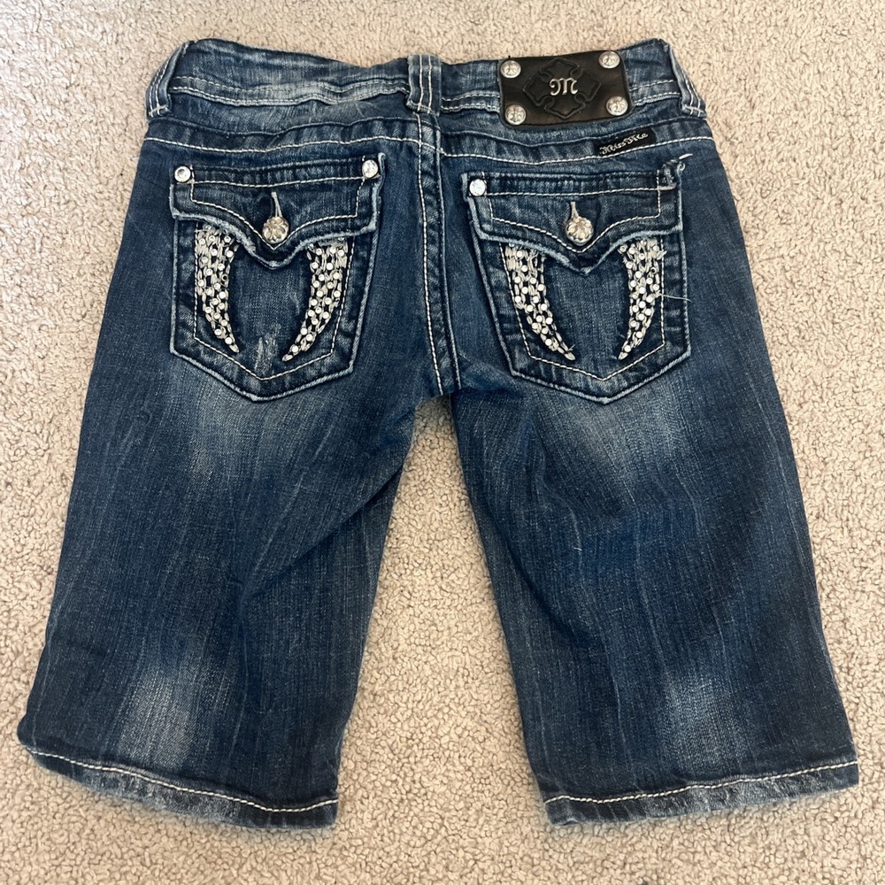 Miss Me Bermuda Jean Shorts Y2K Flap Angel Wings Bling Pockets, Size 26 Goth